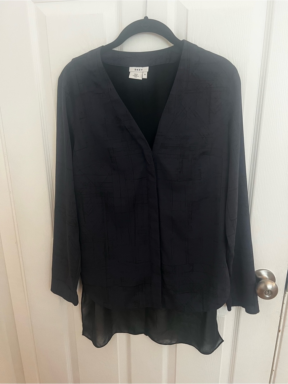 DKNY Black Layered V-Neck Blouse with Subtle Texture